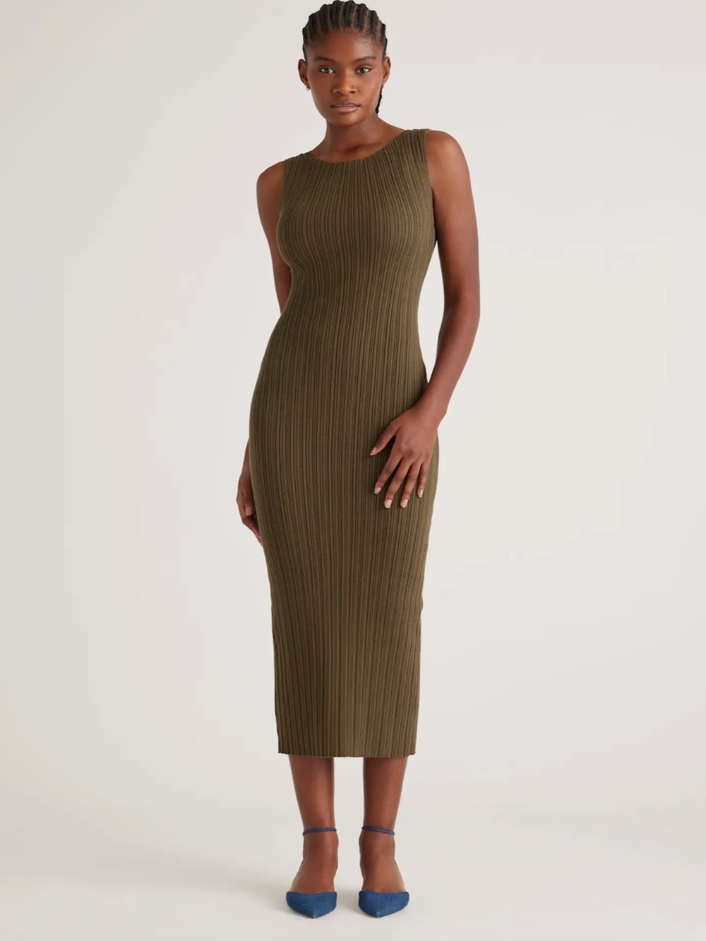 Quince- SZ S Cotton Cashmere Ribbed Sleeveless Midi Dress Olive